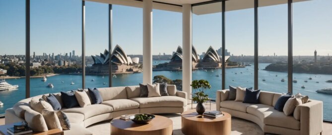 best luxury short term rentals sydney harbour view penthouse living room with designer interiors