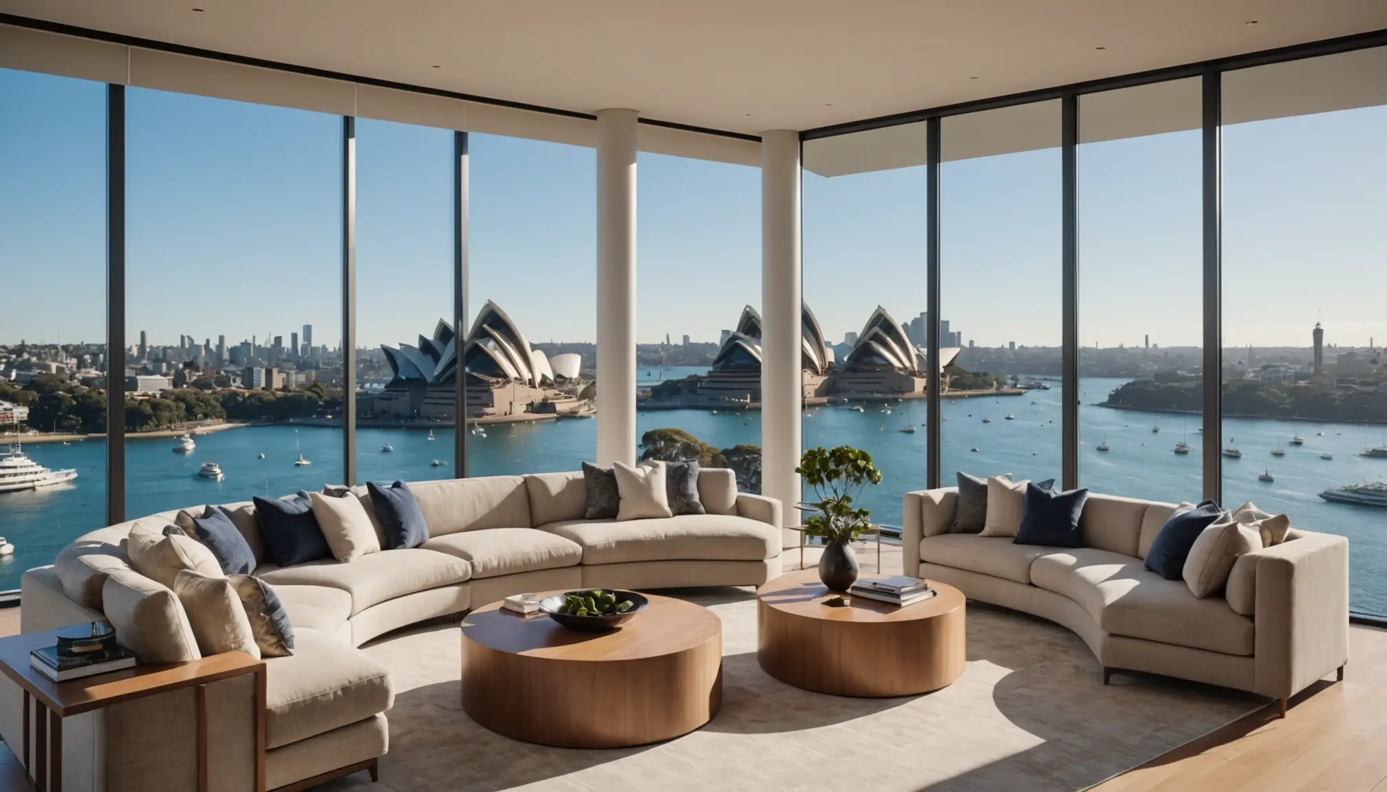 best luxury short term rentals sydney harbour view penthouse living room with designer interiors