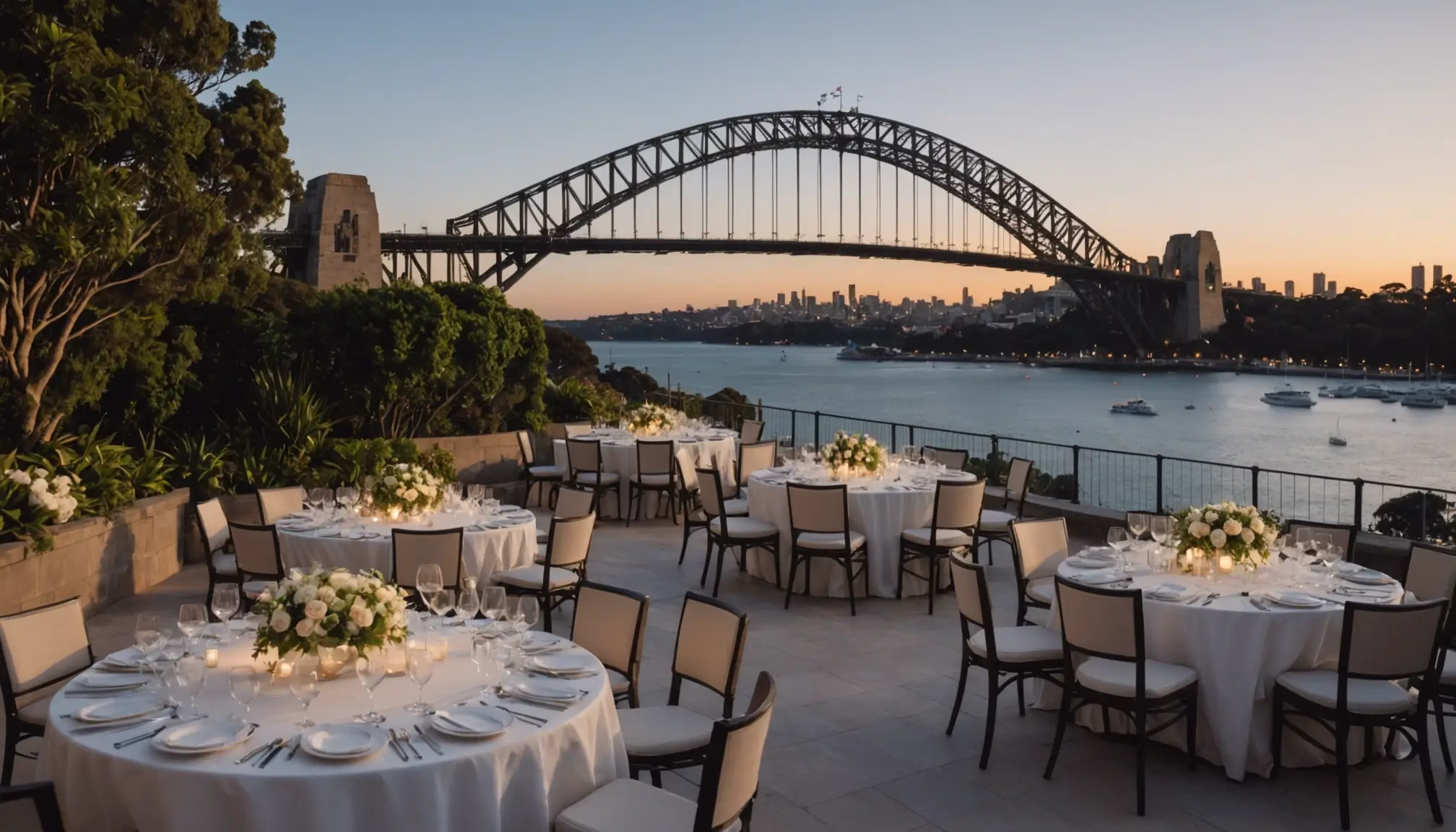 Luxury Sydney mansion terrace setup for bespoke event planning with harbour views Luxury Sydney mansion terrace setup for bespoke event planning with harbour views
