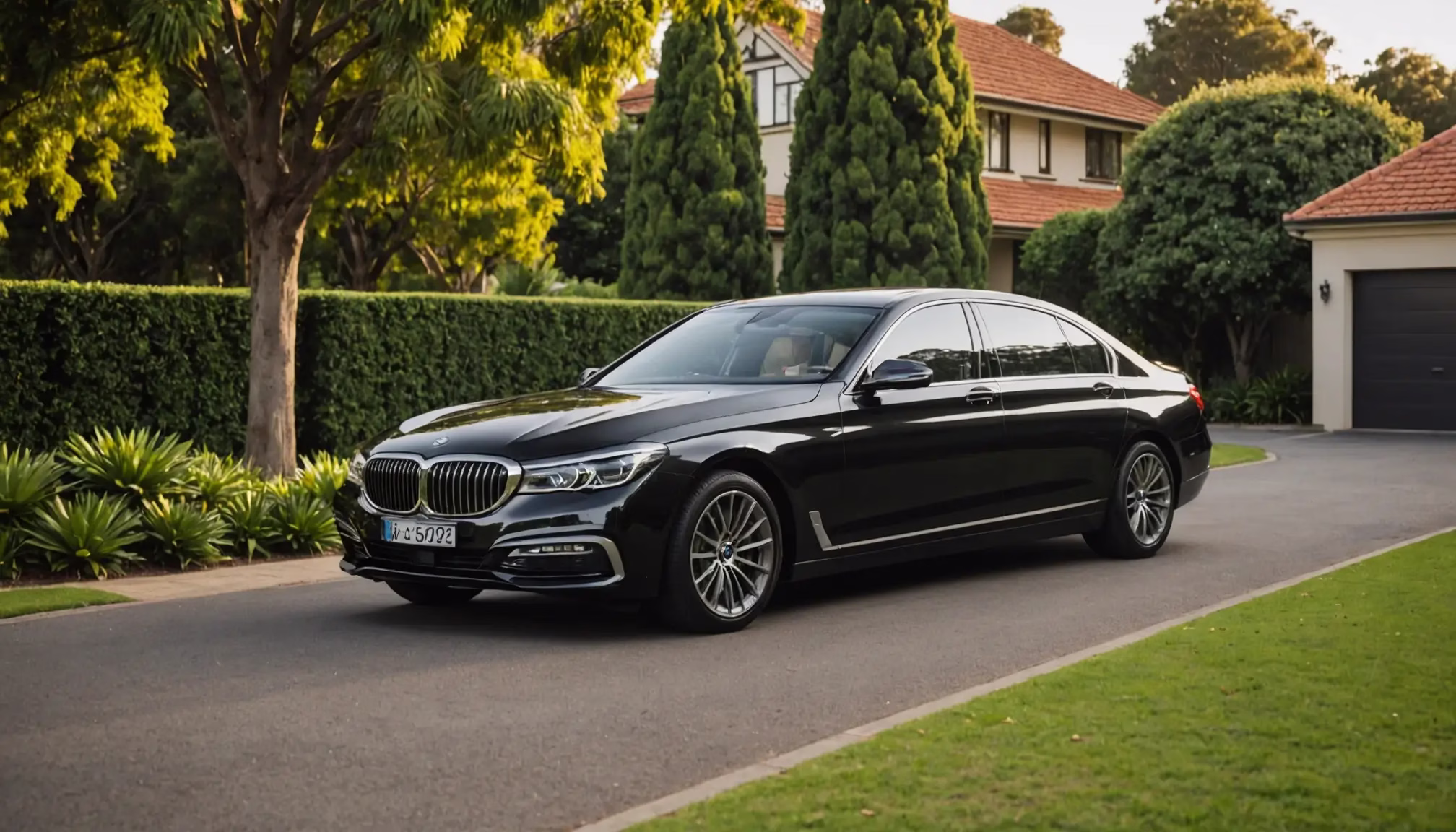 Executive car hire with driver luxury sedan parked outside Sydney Eastern Suburbs residence Executive car hire with driver luxury sedan parked outside Sydney Eastern Suburbs residence
