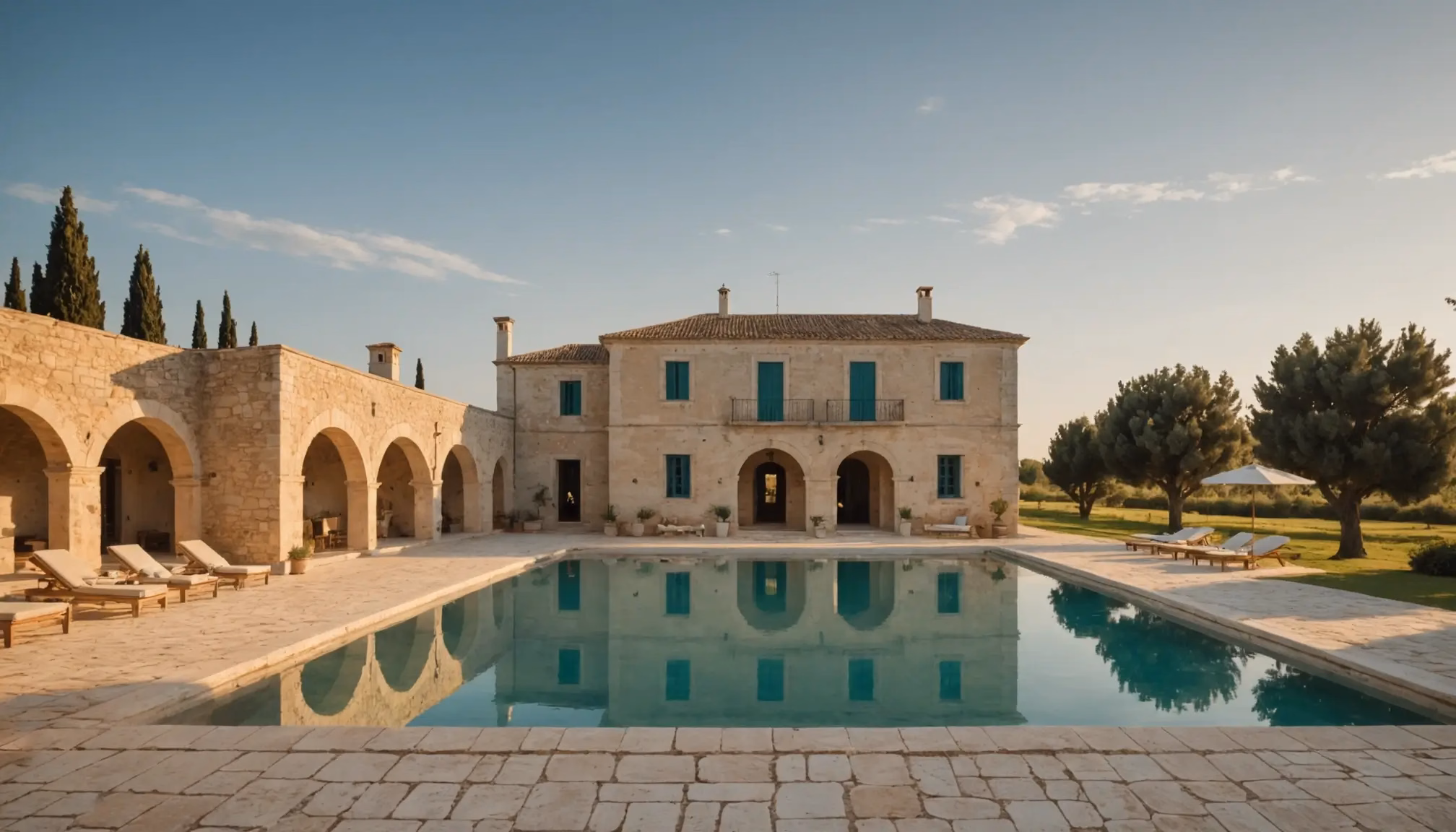 Masseria Puglia with pool surrounded by olive groves and stone architecture Masseria Puglia with pool surrounded by olive groves and stone architecture