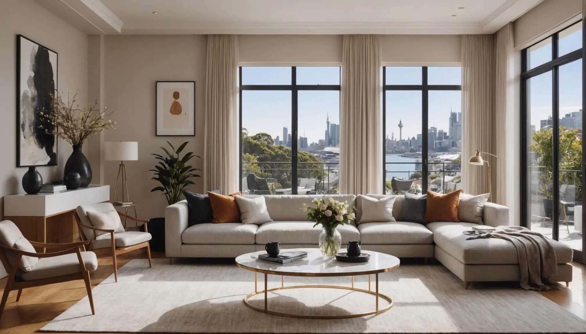 Short term rental Sydney luxury furnished living room with designer interiors Short term rental Sydney luxury furnished living room with designer interiors
